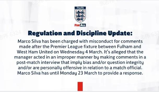 英足总正式指控富勒姆主帅马尔科·席尔瓦;赛后言论引发争议,回应期限已明确。 体育新闻 英足总正式指控富勒姆主帅马尔科·席尔瓦;赛后言论引发争议,回应期限已明确。 体育新闻